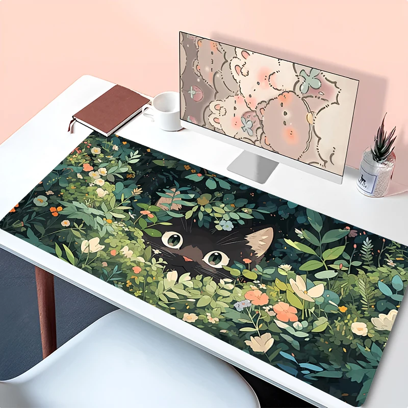 Green Plants Mouse Pad Computer Flowers Cat Gaming Desk Mat Large Anime Gamer Cabinet Mousepad Laptop Kawaii Extended Desk Mat