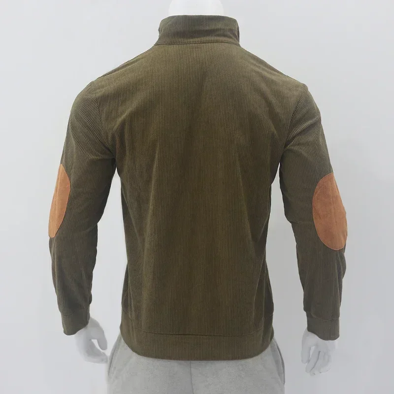 Vintage Corduroy Sweatshirts for Men Casual Long Sleeve Stand Collar Button Pullovers Spliced Loose Outdoor Sports Sweatshirt