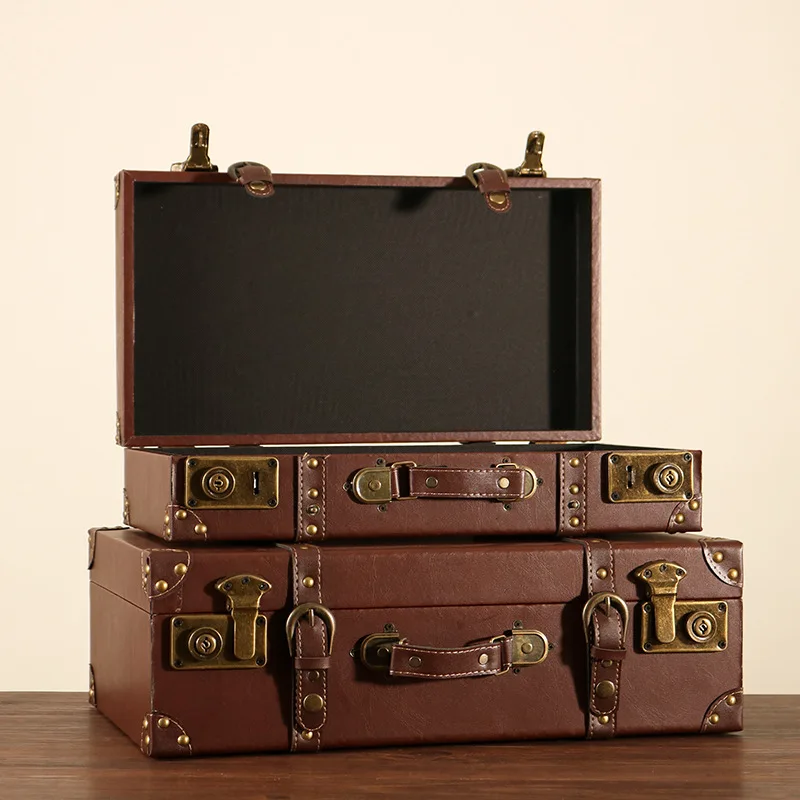Retro Fashion Leather Suitcase, European Luxury Wooden Storage Box, Clothing Storage Box, Travel Photography Prop Sorting Box
