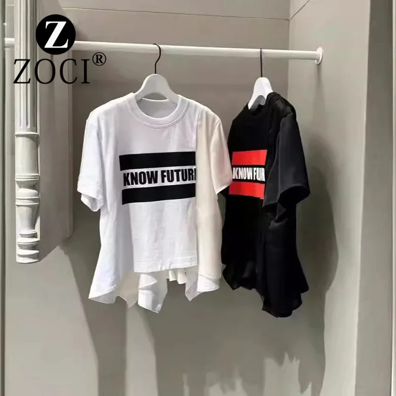 [ZOCI] Autumn Summer New Letter Printed Round Neck T-shirt Irregular Splicing Casual Short Sleeve Top