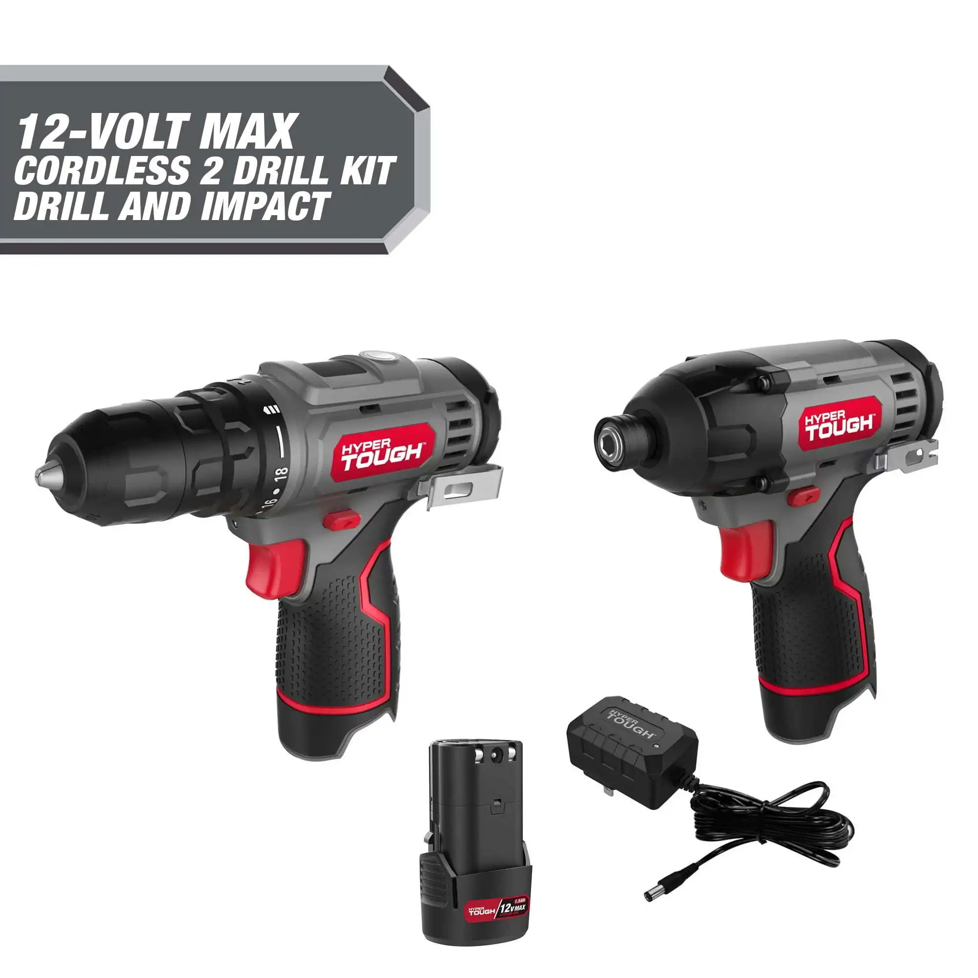 

Hyper Tough 12V Max* Cordless 2-Tool Drill and Impact Driver Combo Kit, 3/8-inch keyless chuck, 98936, New