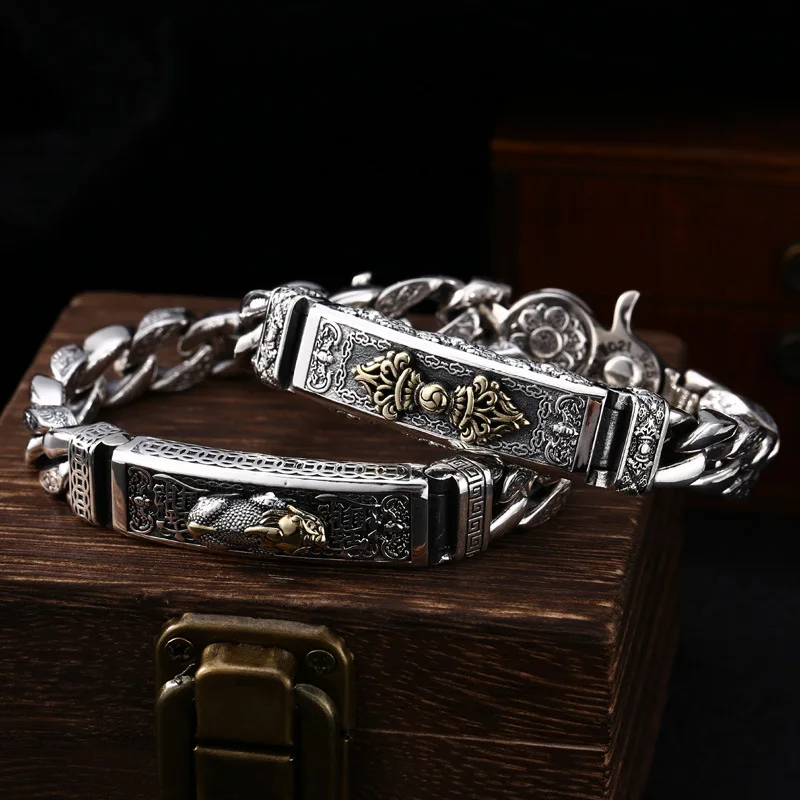 Real S925 Sterling Silver Bracelet For Men Vintage Six Mantra Sutra Lucky Pixiu and Vajra Six Mantra Cuban Link Bracelet