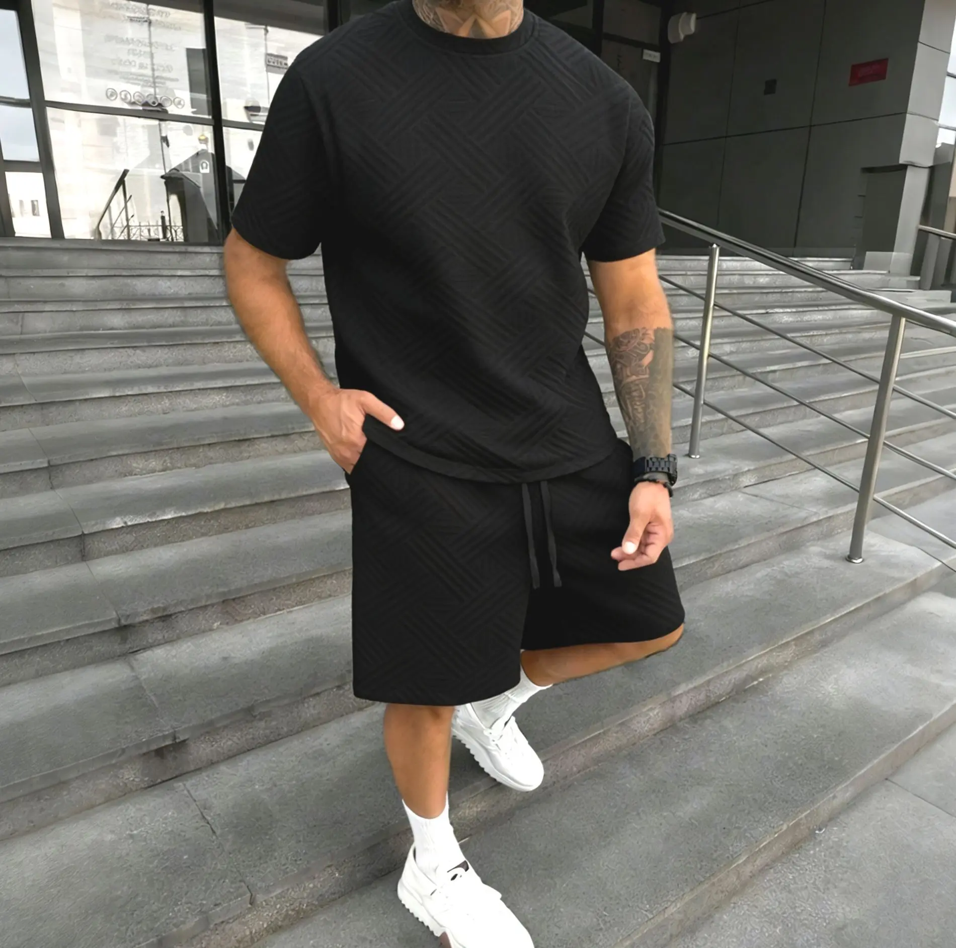 New men's summer jacquard short-sleeved shirt and short pants casual breathable… - Image 3