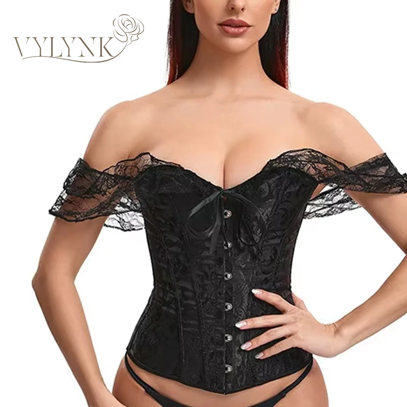 

Women Corset Tops Satin Short Sleeve Lace Up Retro Court Style Boned Bustier Floral Push Up Bodycon Shaperwear Full Body Bras