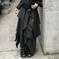 RORORIRI Vintage Gray Irregular Stitch Plaid Skirts Women High Waist Raw Edge Loose Casual A-line Long Skirt Y2k Layered Skirt