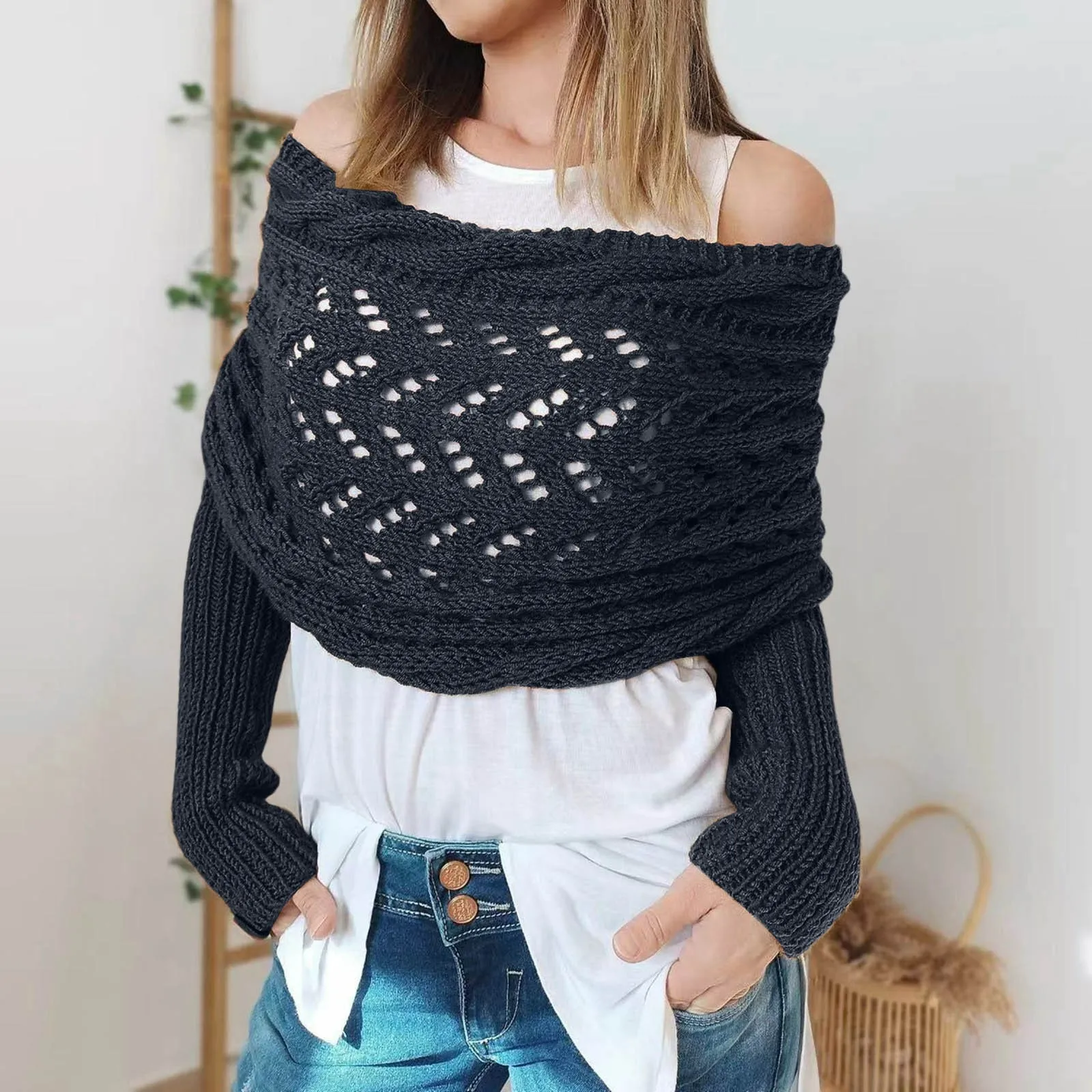 

Autumn Winter Women's Knitted Shawl Scarf With Long Sleeve Outdoor Warm Soft Windproof Hollow Out Crop Top Shawl Scarf