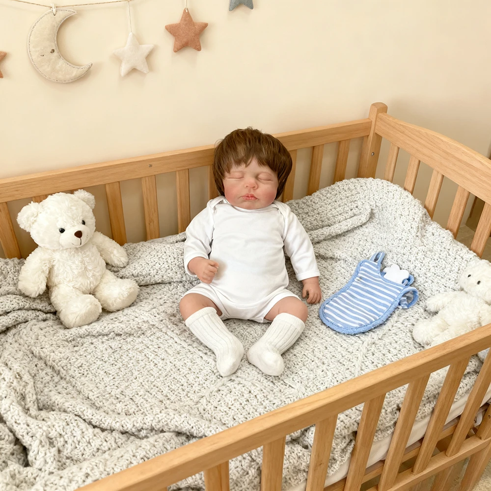 

48CM Reborn Baby Doll Loulou Realistic Sleeping Doll with Cloth Vinyl Body 3D Skin Veins Hand-Rooted Hair Collectible Toy