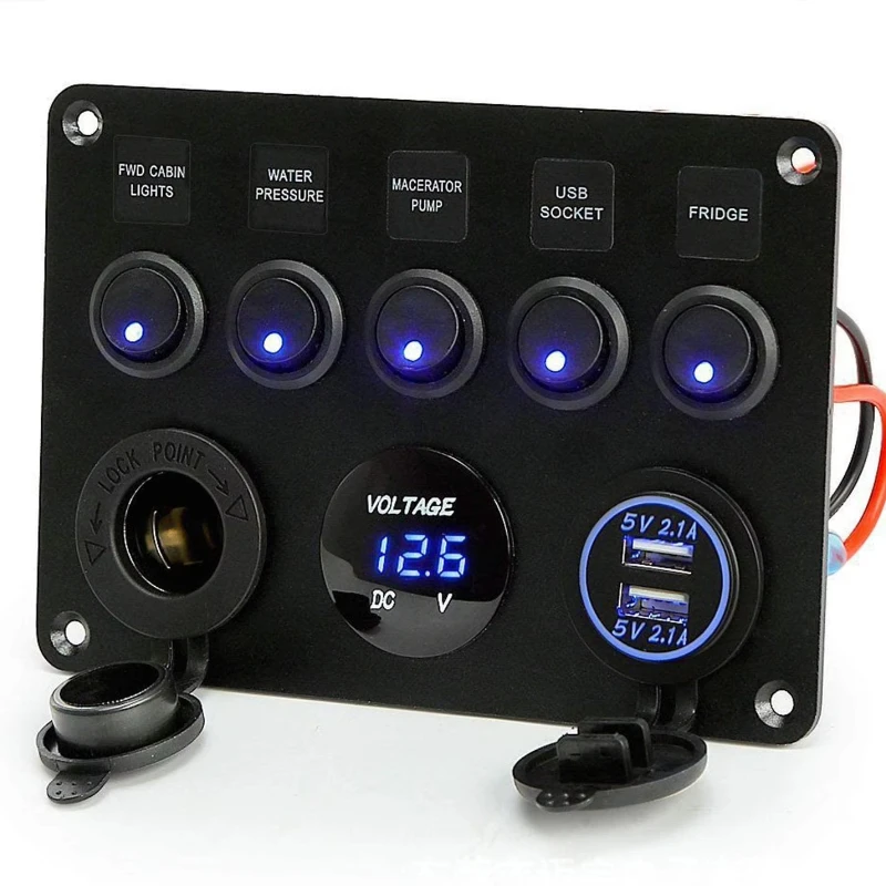 

12v Waterproof RV Light Emitting Diode Switch Panel Aluminum Pre-wiring 5 sets Rocker Switch Panel Marine Car Truck Blue Glow