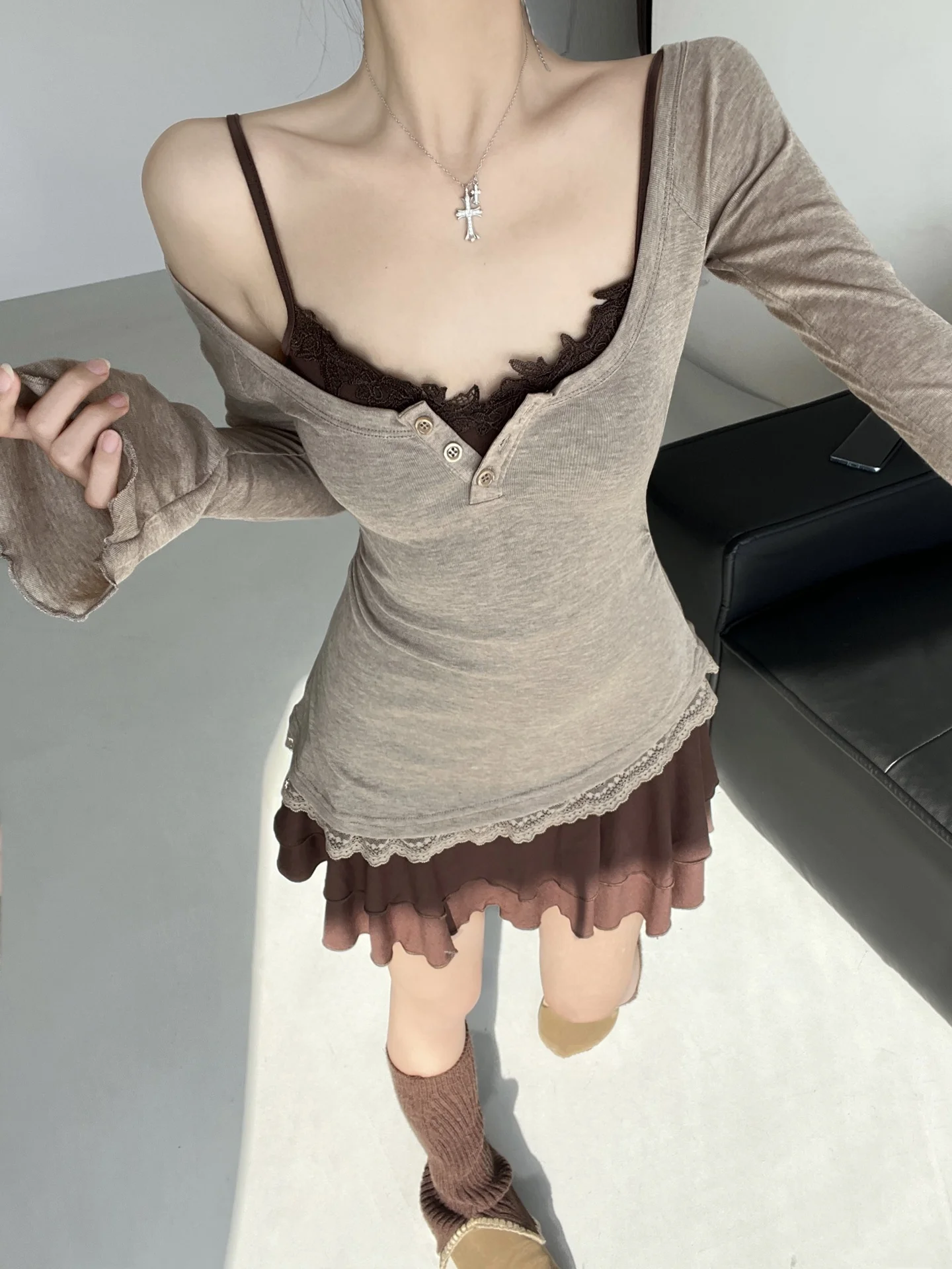 طقم مكون من قطعتين من Desert Princ Long Sve Lace Trim ter Dr لقضاء العطلات في الهواء الطلق وكام الشاطئ وتاريخ Par Ci Walk Tour