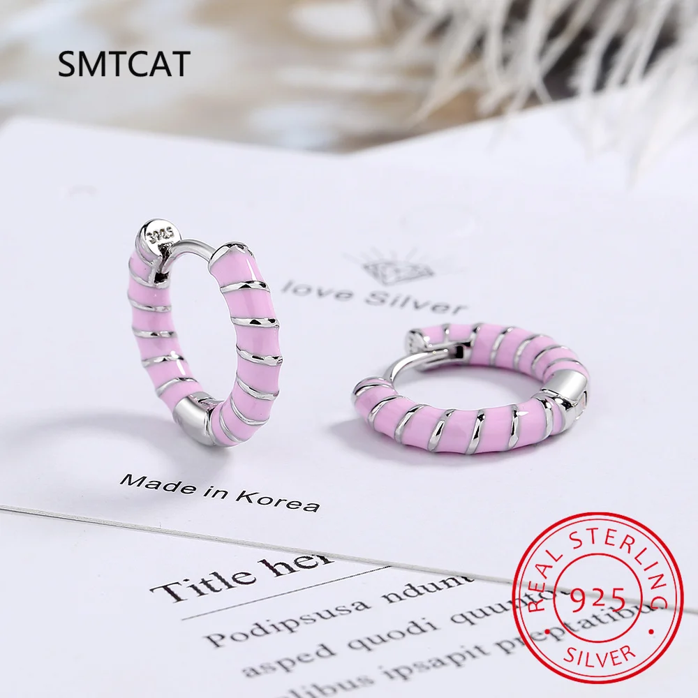 

Серьги-кольца из стерлингового серебра 925 пробы с розовой, белой и черной глазурью, красочные эмалированные круглые пряжки для ушей для женщин, ювелирные изделия Huggies