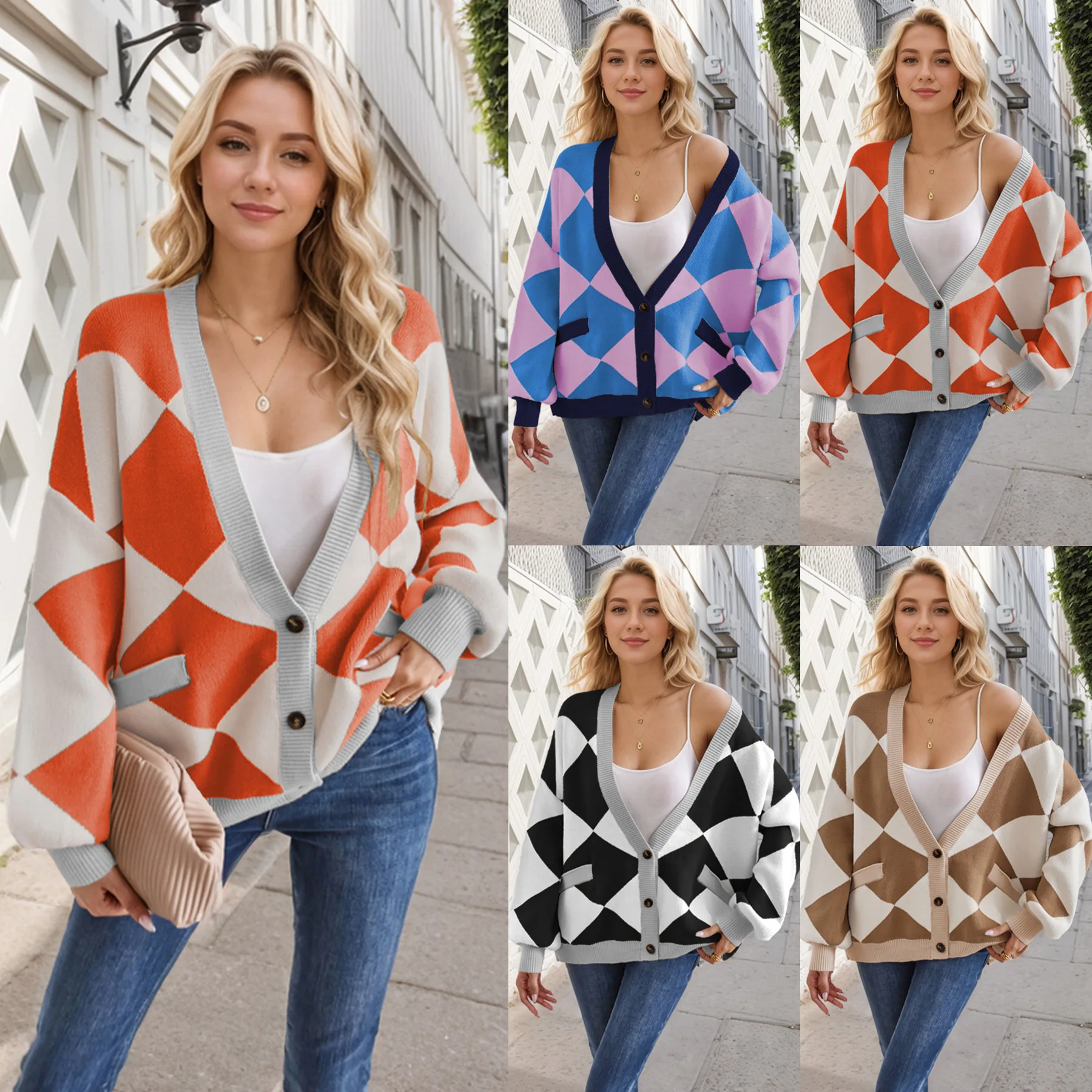 

KIDCRKJ Argyle Women Spring Sweater V-neck Color-blocked Single-breasted Puff Sleeve Top For Female Loose Casual Lady Cardigan