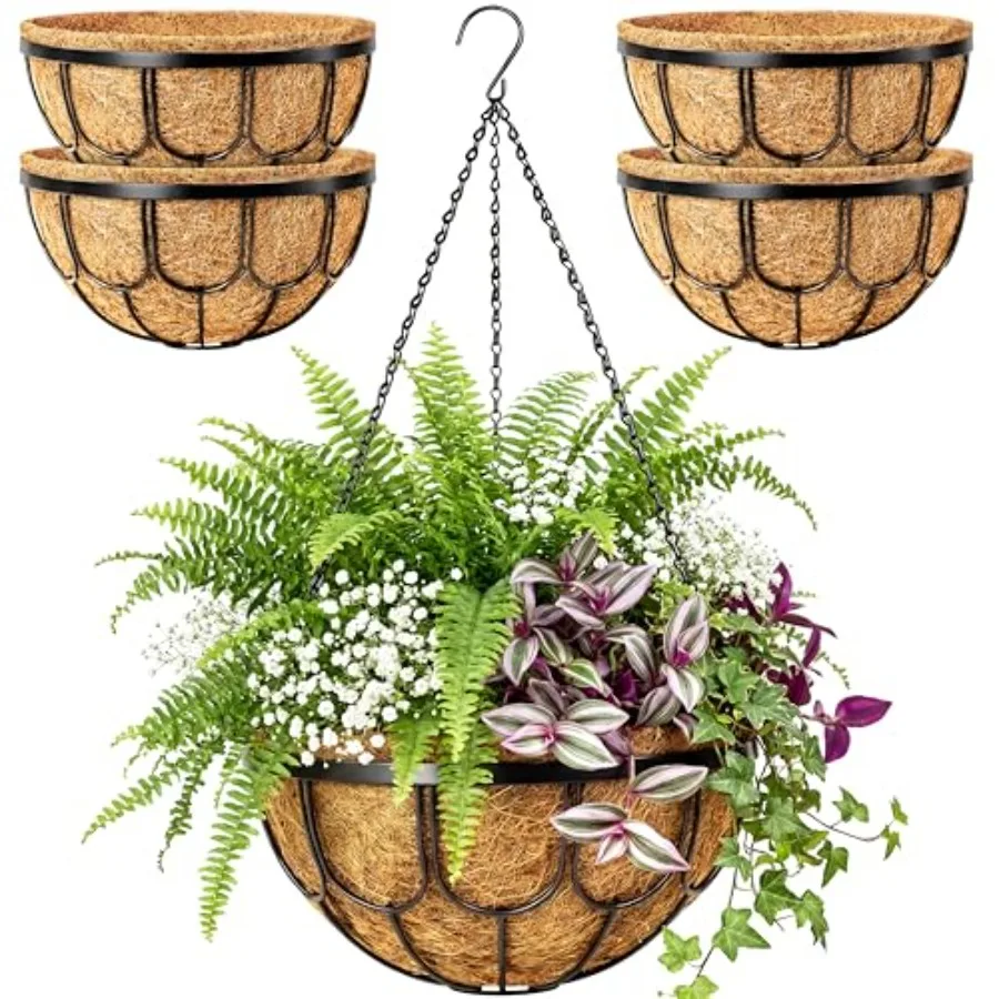 

Набор из 4 подвесных кашпо для уличных растений, 14 дюймов, черные металлические проволочные подвесные корзины для цветов с вкладышами из кокосового волокна, большие подвесные контейнеры