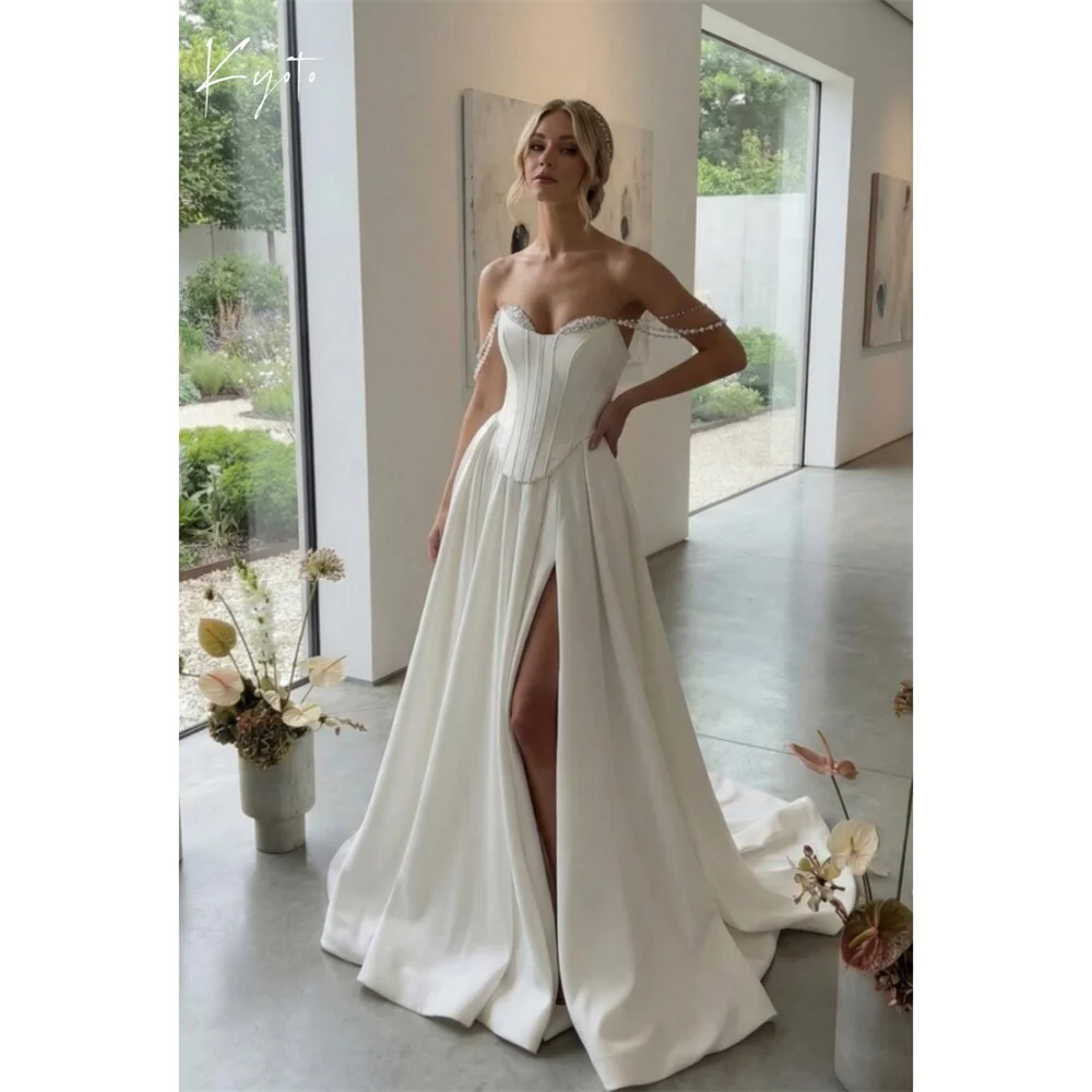 Kyoto Customized White Strapless Satin Wedding Dress Sleeveless Lace-Up Side High Split vestidos de noiva A-Line Evening Dress