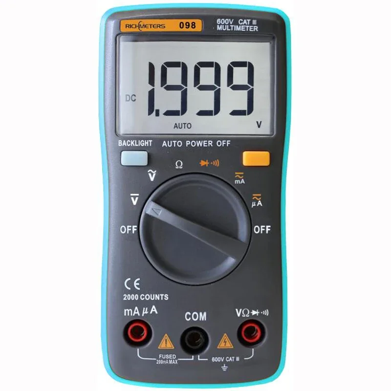 RICHMETERS RM098 Multimeter Digital 2000 Counts Auto Ranging AC/DC Ammeter Voltage Meter Voltmeter Ohm Tester