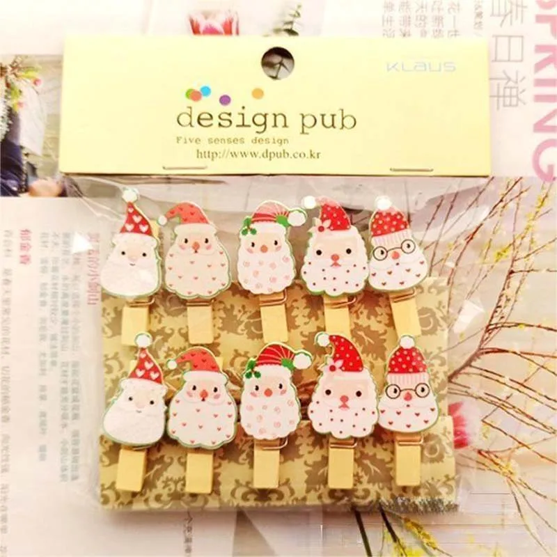 35x7mm/set 10pcs Wooden Christmas Hanging Photo Clips Memo Paper Card Clamp Clothespin Stationery Wedding Party Craft Decoration