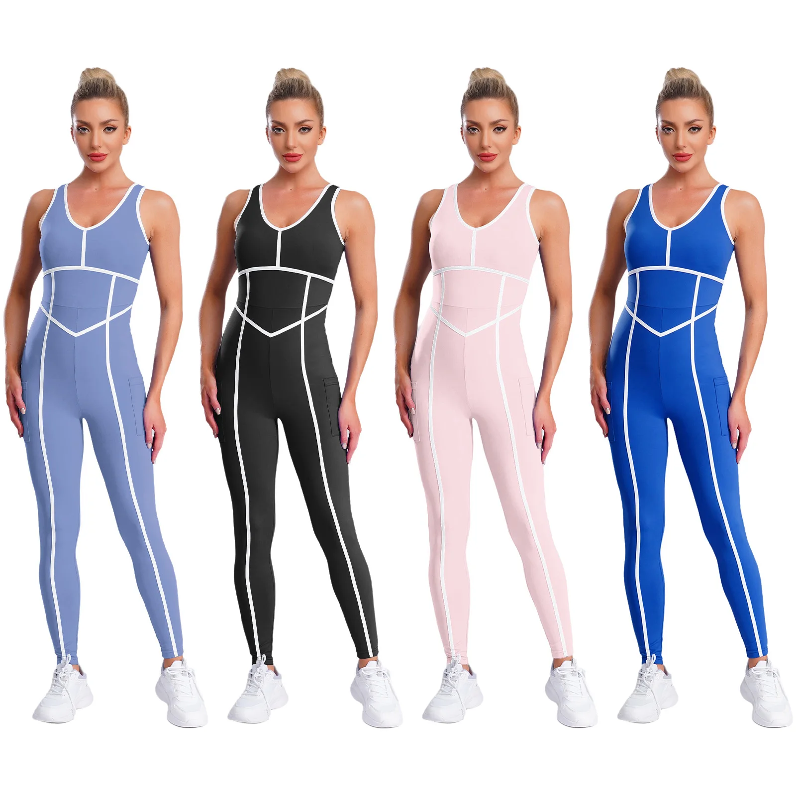 Baju Senam Yoga Wanita Dewasa, Bodysuit Olahraga Tanpa Lengan Elastis dengan Bantalan Dada dan Celana Panjang untuk Aktivitas Olahraga Indoor dan Outdoor