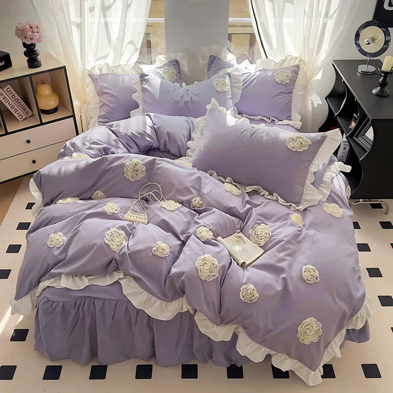 Premium 2025 Bedding Set, 1.5m Bed, French Style, Water - Washed Cotton, Ruffled and Lacy, Matching Pillowcases