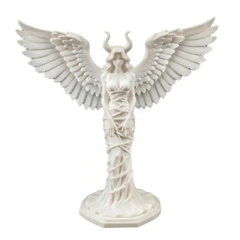 3D Printed White Horned Angel Statue Carved Wings Gothic Resin Sculpture for Home Office Desktop Living Room Decor Car Accessor