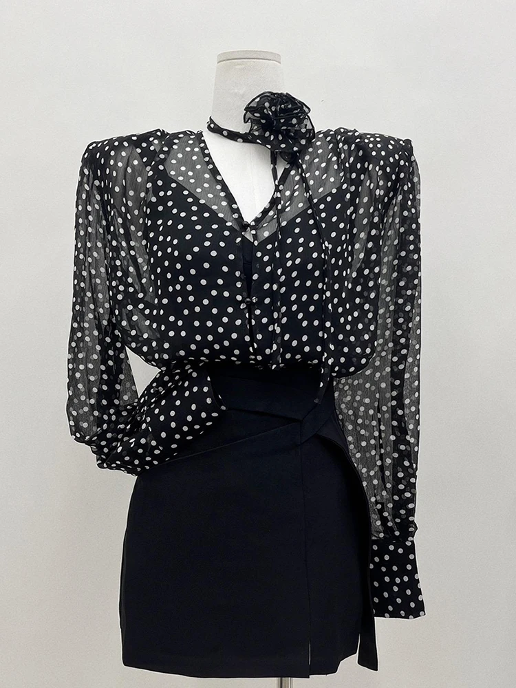 

Vintage Camisas De Mujer Summer Fashion Women Shirts V-neck Long Sleeve Polka Dot Chiffon Tops Sexy See Through Oversized Blouse