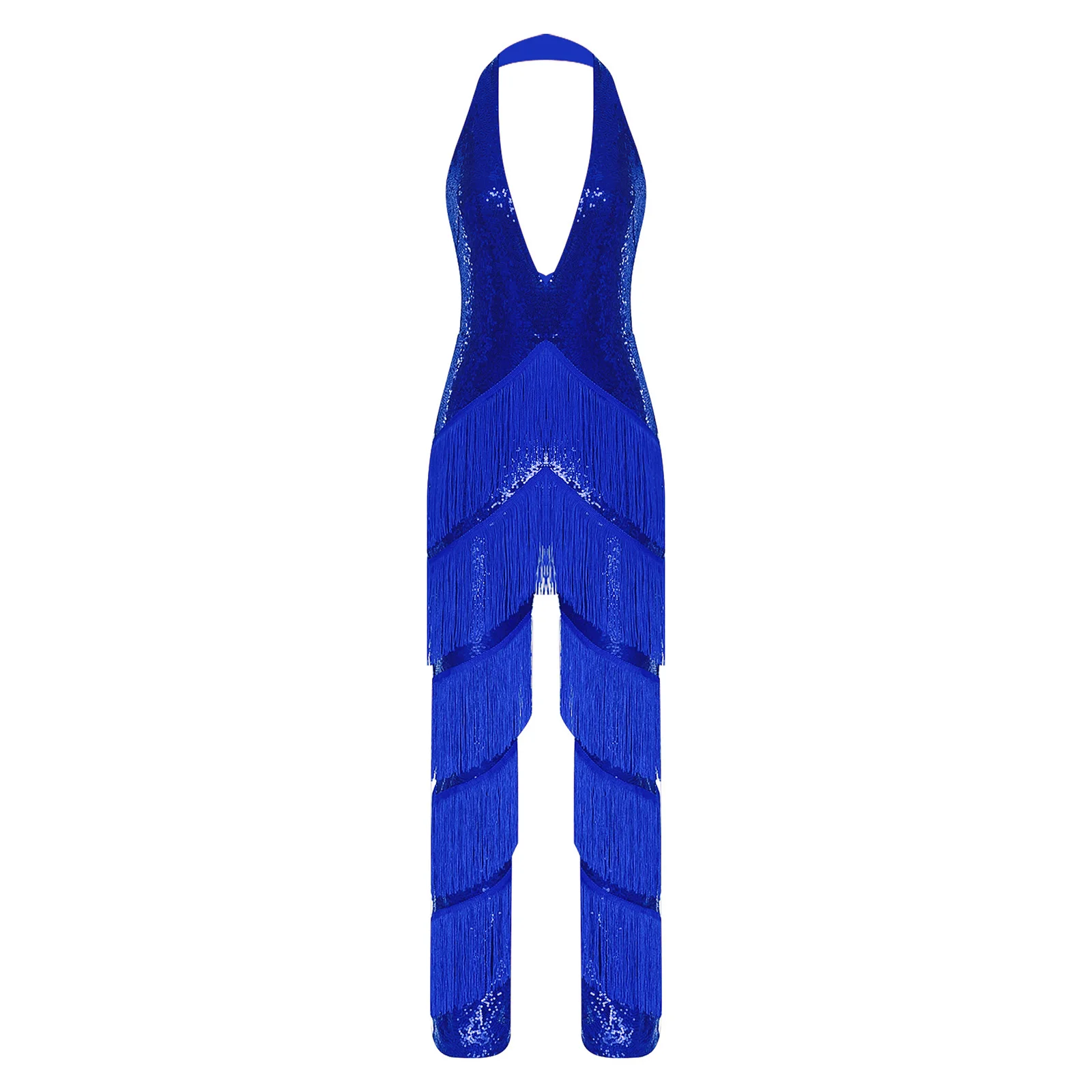 Macacão feminino de lantejoulas brilhantes, macacão de lantejoulas, halter, decote em v profundo, costas nuas, franjas em camadas, borla, body para dança de baile latino