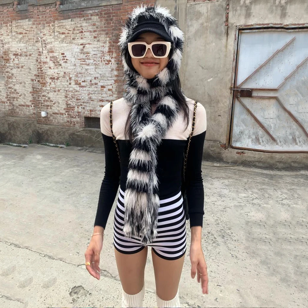 Black and white stripes plush fringe scarf female 2022 autumn and winter new soft glutinous imitation mink super long scarf