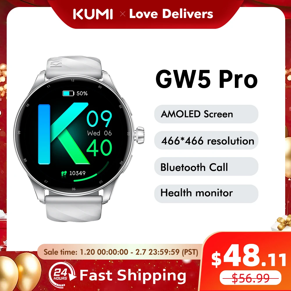 

New KUMI GW5 Pro 1.43' AMOLED NFC Waterproof IP68 Bluetooth 5.2 100+ Sport Heart Rate Blood Pressure Oxygen Monitor Smartwatches