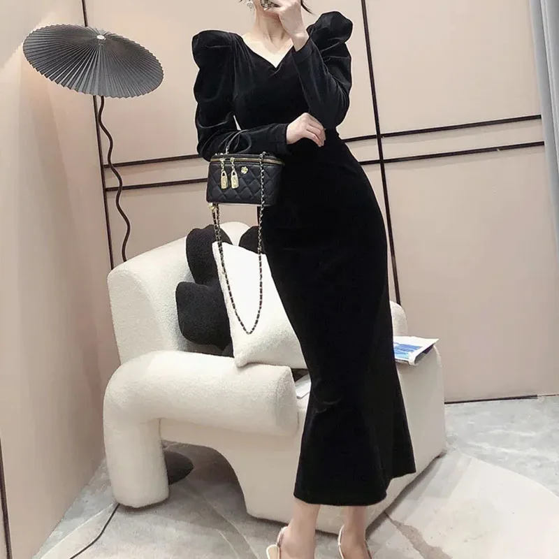 Velvet Gown Dress Women Elegant Split Puff Sleeve V-Neck Long Sleeve Dress Sexy Slim Fashion Party Night Female Vestidos