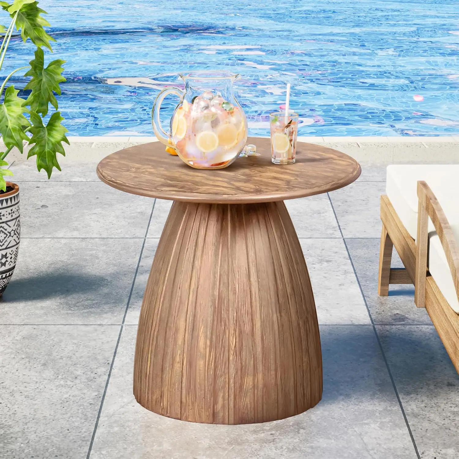 Metal Small Patio Table, Round Outdoor Side Table, Wood Color Outdoor Accent Patio End Table, for Garden, Pool,, Customized
