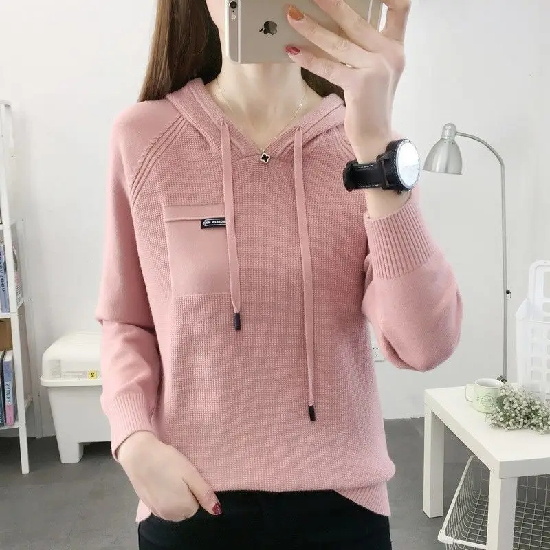 Autumn Pullover Sweater 2023 New Thin Knitwear Hooded Sweater Loose Long Sleeve Solid Pullover Sweater Coat Undercoat Women Top