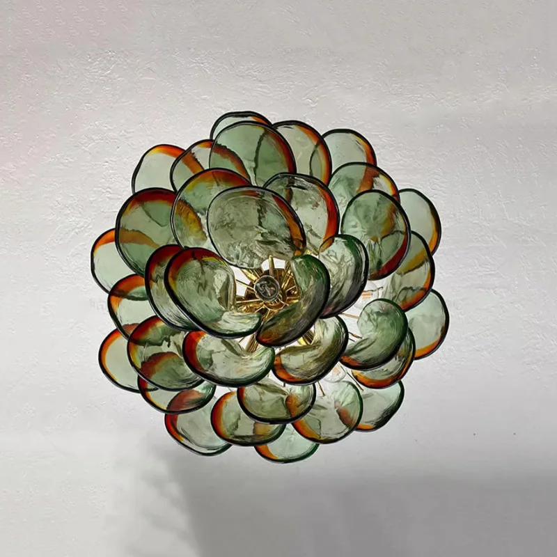 Murano Style Glass Chandelier Green Amber Gradient Petal Design Multi-Layer Pendant Light for Living Room Dining Villa