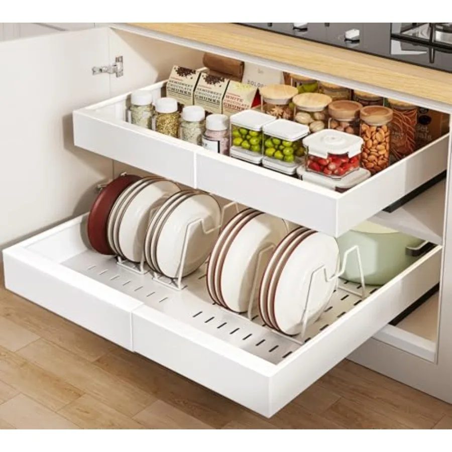 

2 Pack Pull out Cabinet Organizer 21"Deep With Raising Pad for Framed Cabinets Expandable Slide out Drawers for Kitchen Cabinet