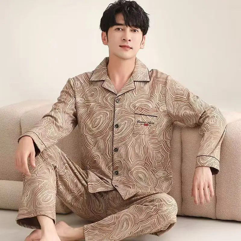 

Casual Men's Pajamas Spring and Autumn Long-Sleeved Long Pants Cardigan Korean Style Autumn and Winter Pajamas Men's Pajamas Home Wear Set