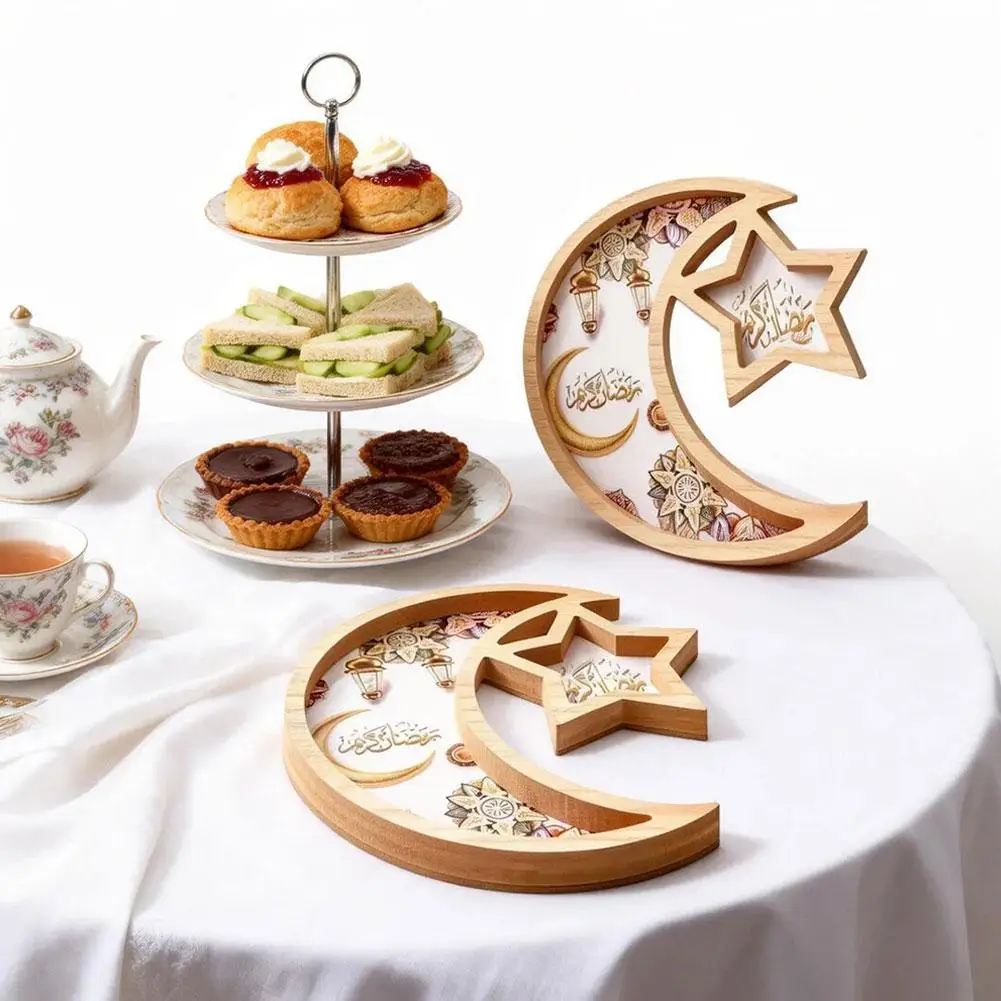 Holz-Mond-Stern-Tablett Ramadan Eid Servierteller Dekoratives Snack-Tablett für muslimische Feiern & Heimdekoration