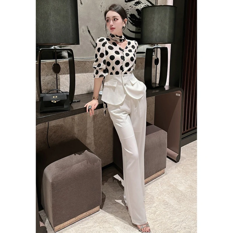 

Elegant temperament fashionable suit women's design polka dot contrasting color suit wide leg pants two-piece set