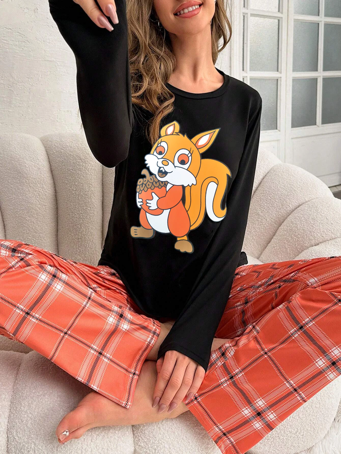 Women Pajama Set  Cut Cartoon Squirrel Print Long Sleeves Round Neck Plaid Pants Sleepwear Set Autumn Homewear Set Causal