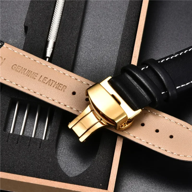 Echtes Lederarmband 18 mm 20 22 24 mm Uhrenarmband Automatische Schmetterlingsschnalle Herren- und Damen-Business-Armbanduhr mit Box-Handgelenkgürtel – Detail 3