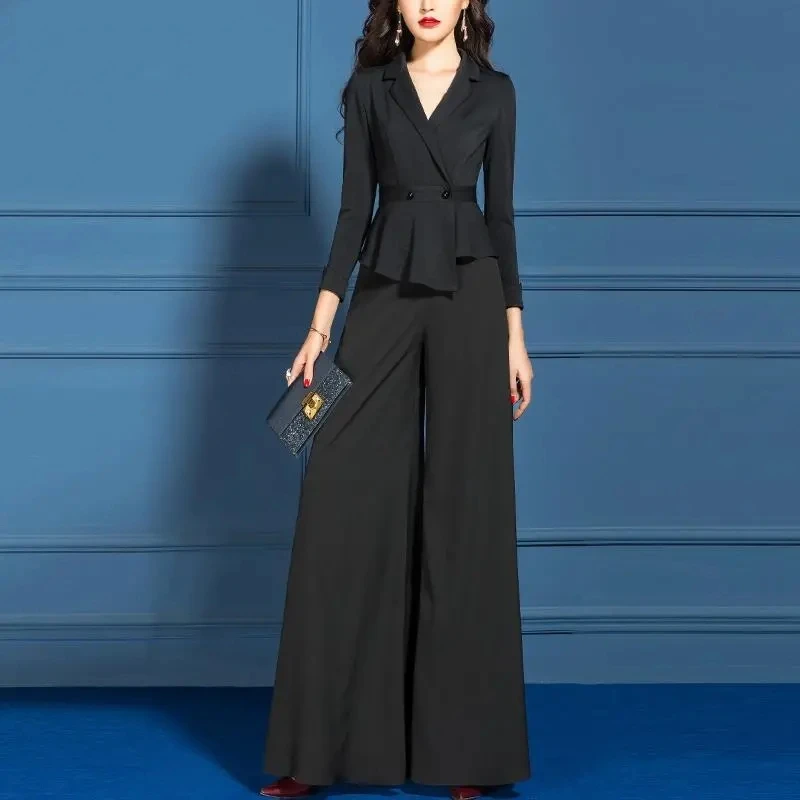 Black Wide Leg Pants Set For Women New Spring Autumn Fashion Temperament Style OL Female Trousers Suits Korean Elegant Outfits