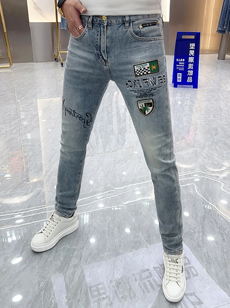 

New 2025 Men's Jeans Embroidered Slim Fit Casual Elastic Trendy Brand Badge Youth Summer Fashionable Long Pants