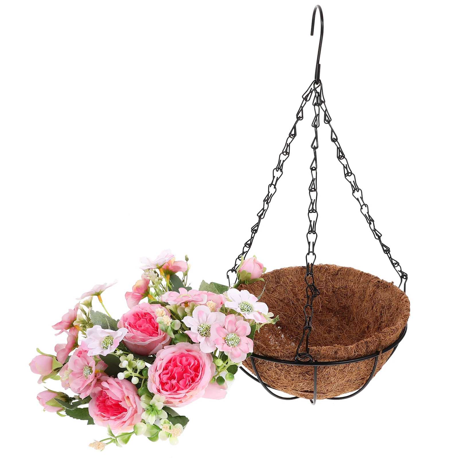 

Simulated Peony Flower Hanging Basket Pink Artificial Coconut Palm Cloth Iron Coir Materials Lightweight Wall Hanging