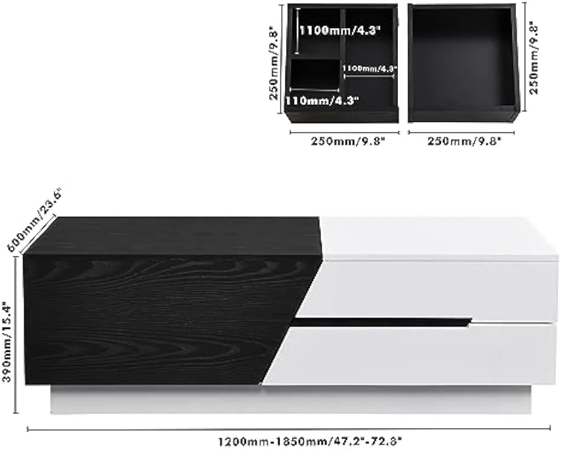 Coffee Table Extendable Sliding Top for Living Room with 2 Drawers+2 Mobile Boxes