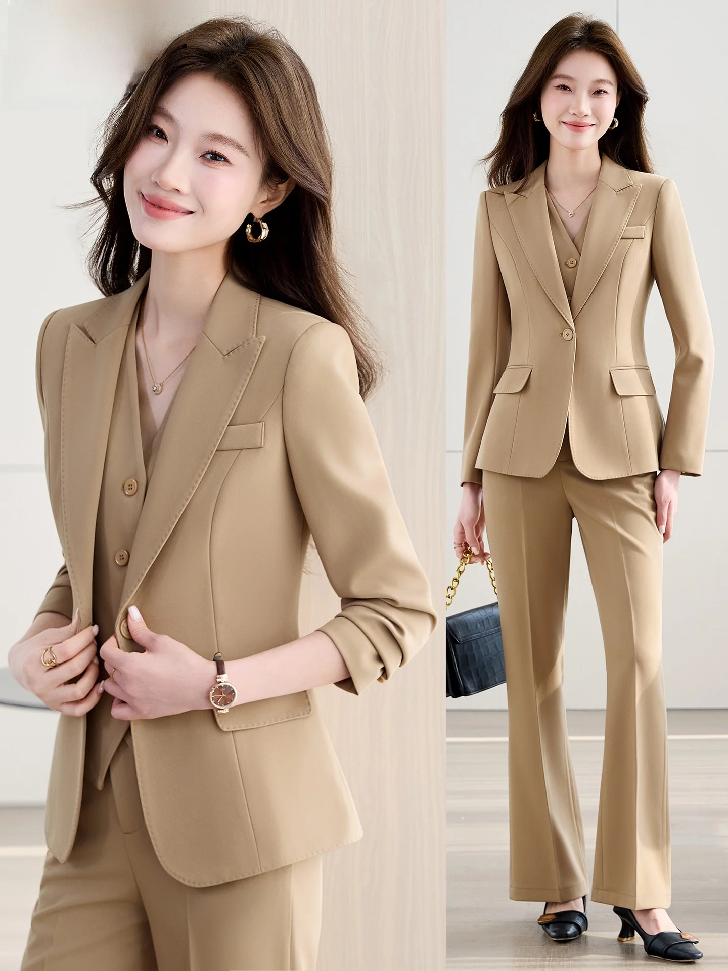 Khaki Three-Piece Suit Set Professional Business Commute Formal Workwear Women's Slim Fit Polyester Fiber Anti-Wrinkle