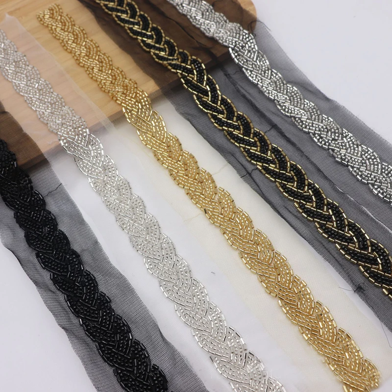 45CM Long Twisted Beaded Lace Trim New Embroidery Sewing Pearl Lace Ribbon Wedding Material DIY Sash Belts Clothes Crafts