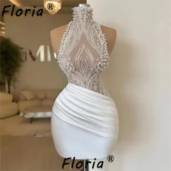 High Neck Pearls Cocktail Dress without Sleeves Ivory Sequin Beaded Pleats Short Prom Dresses vestidos para eventos especiales