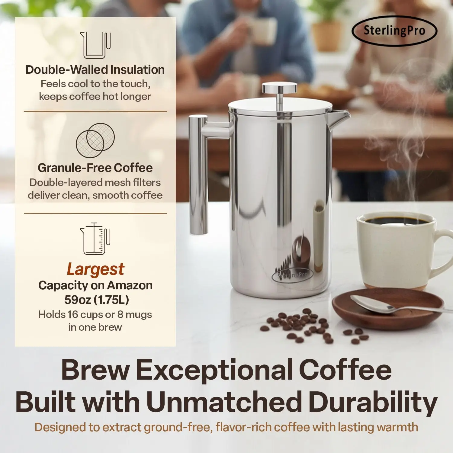 Extra Large Insulated Stainless Steel French Press Coffee Maker 59oz – Insulated Metal XL Double Wall Coffee Maker | Plastic Fre