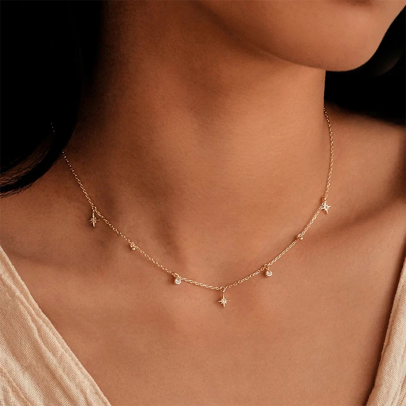 AIDE 925 Sterling Silver Diamond Octagonal Star Pearl Pendant Necklaces Clavicle Chain for Women Charms Jewelry Gift Collares CZ