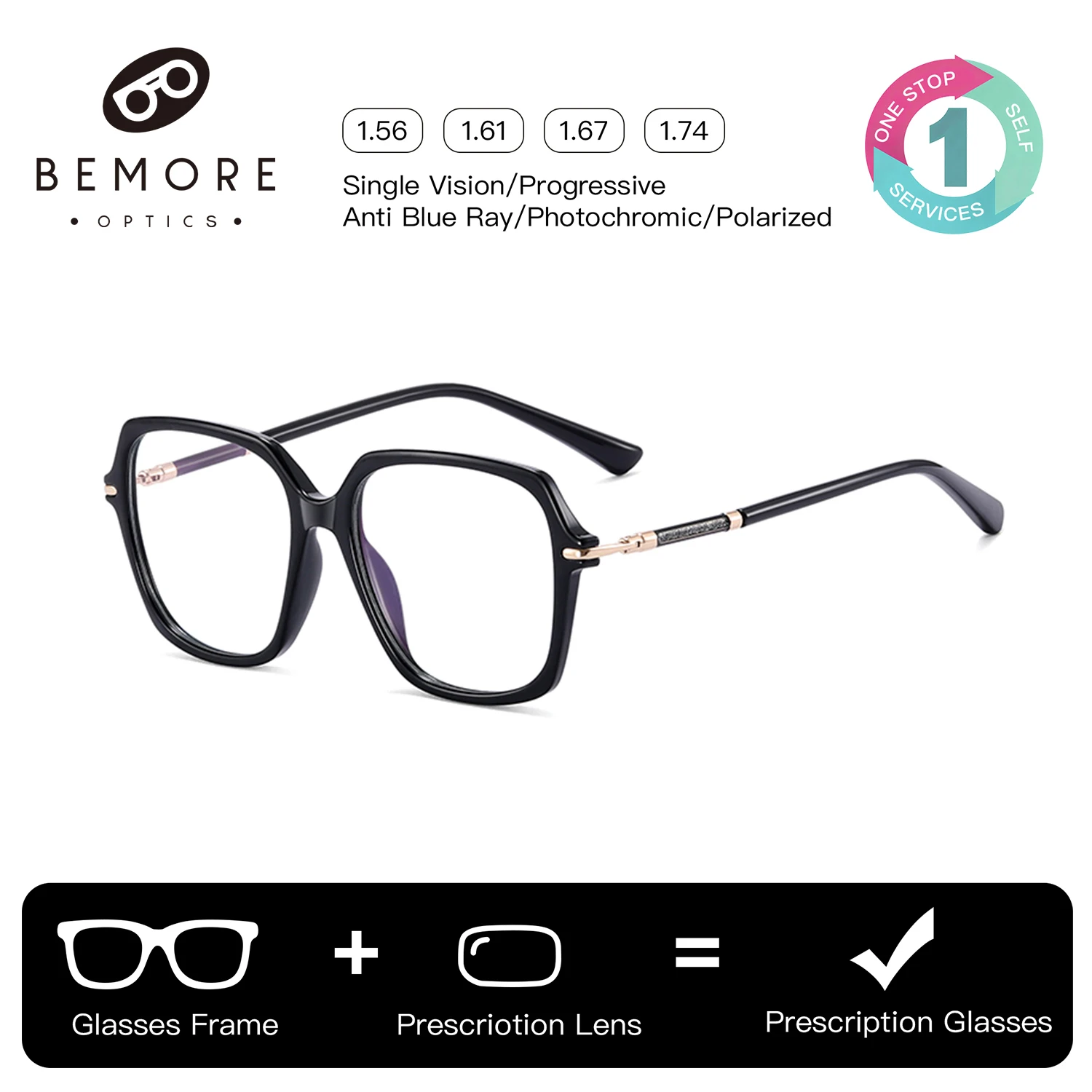 

BEMORE Custom Butterfly Ultralight Acetate Progressive Multifocal Glasses for Women Blue Light Filter Square Prescription Eyewea