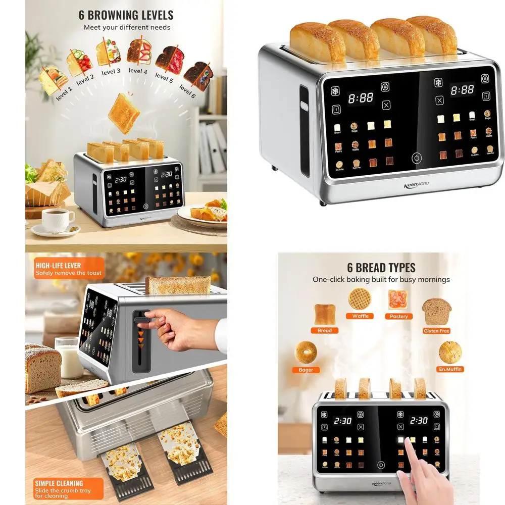 

Умный тостер на 4 ломтика с сенсорным экраном, функцией памяти и тостером на одну лопатку для универсального подогрева и размораживания продуктов