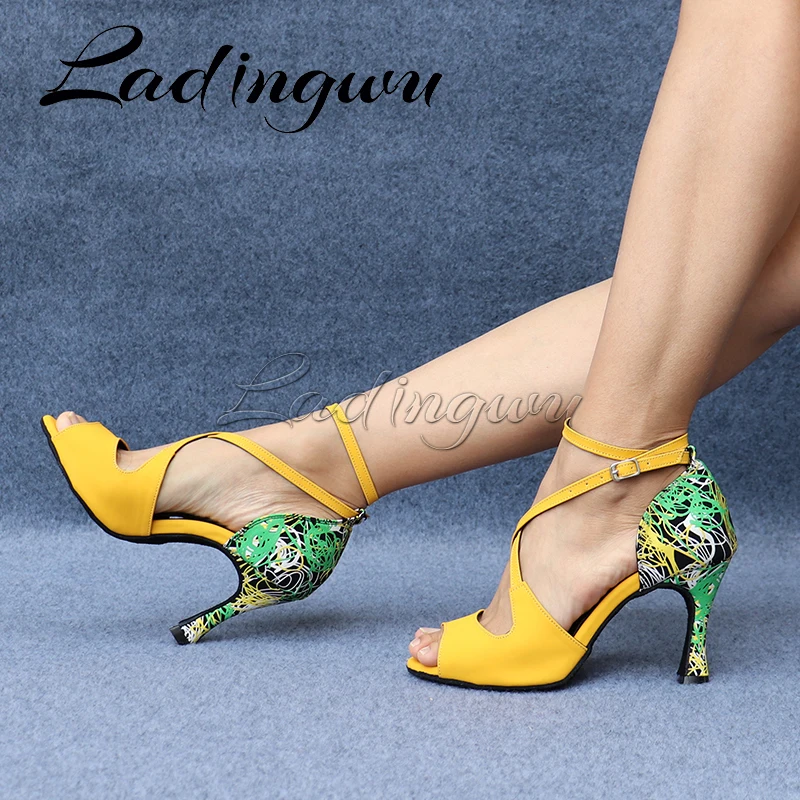 Ladingwu New Latin Dance Shoes Graffiti Suede Dance Shoes Ballroom Women Girls Salsa Dance Sandals