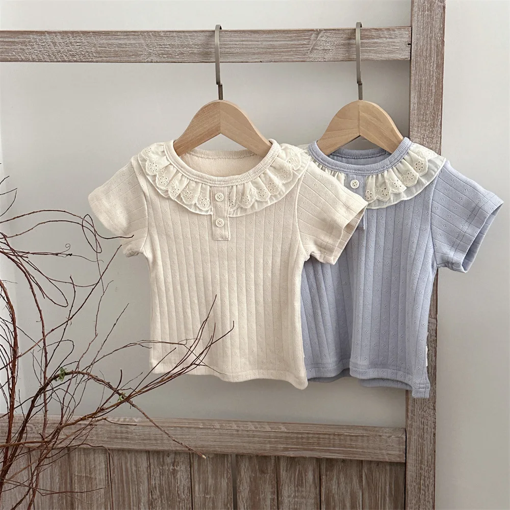 

2026 Summer New Girls Short Sleeve T Shirts Solid Cute Lace Collar Baby Girl Sweet Hollow Out Tops Cotton Infant Toddler Clothes