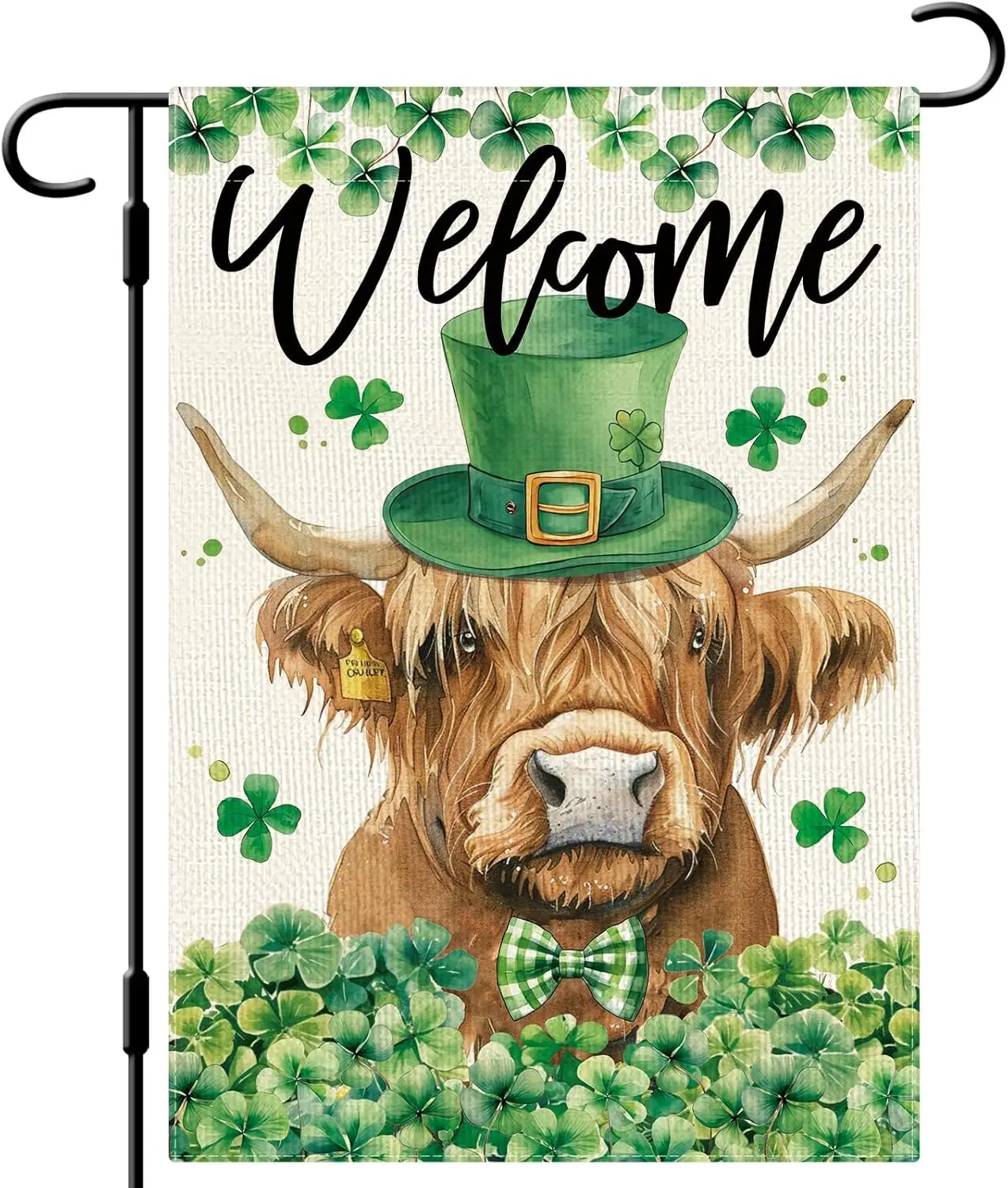 DLZDN Welcome St Patricks Day Highland Cow Garden Flag Shamrocks Clovers Flag 12×18 Inch Double Side Vertical Burlap Farmhou PPM